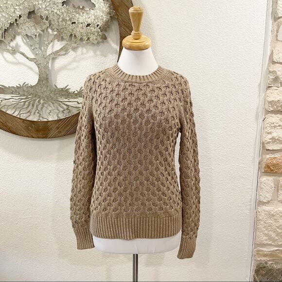 J Crew Gold Metallic Honeycomb Cable Knit Neck Sweater Tan Small - Picture 2 of 7